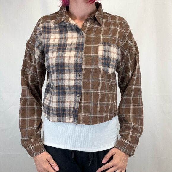 Love Notes Women's Cropped Mixed Patchwork Flannel Shirt L LG Large Brown Grey - Picture 1 of 13